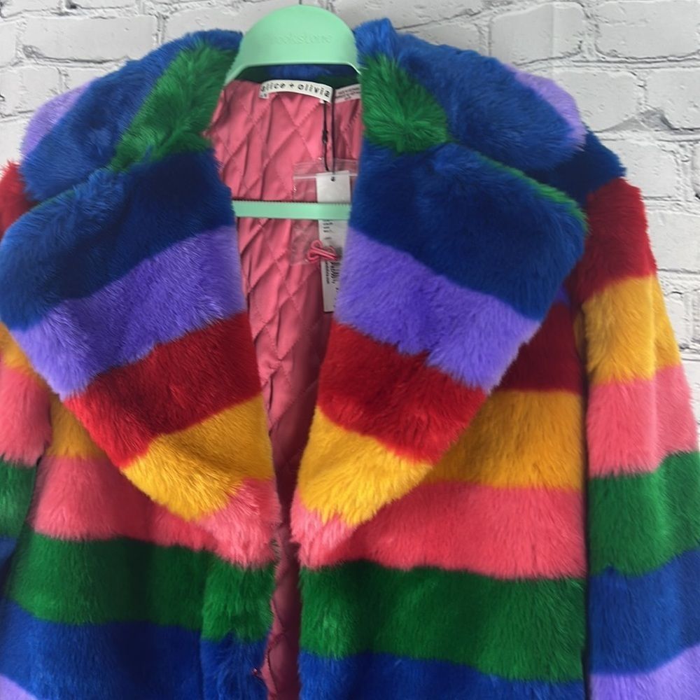 NEW Alice+Olivia coat striped multicolored faux fur size XS - Picture 5 of 16